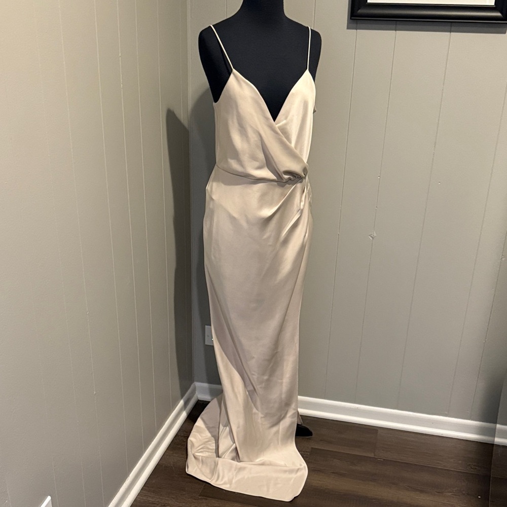B21 BHLDN Beige Cream Draped Maxi Dress with Spaghetti Straps Asymmetrical